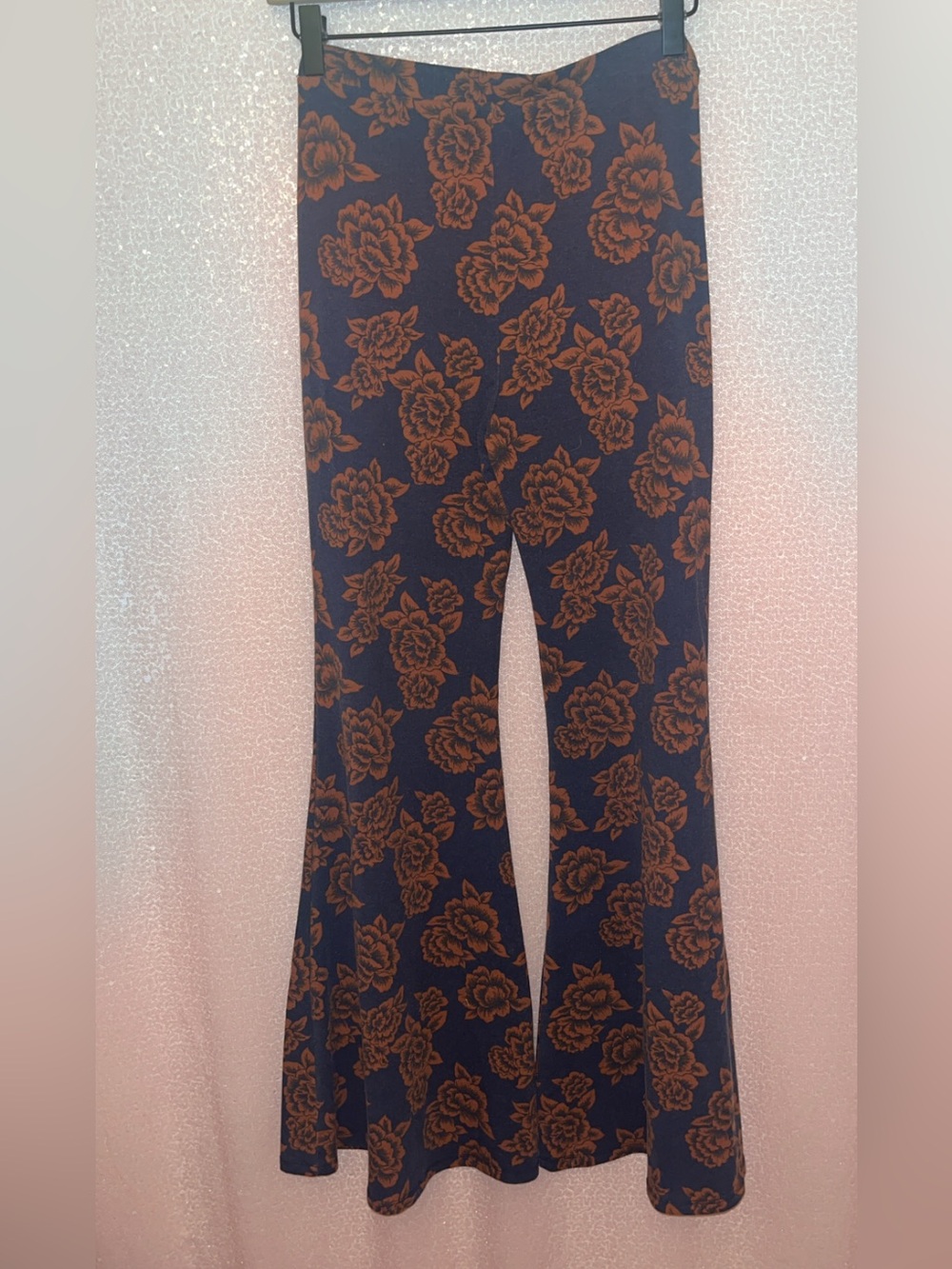 Navy Floral Flare Pants with rust Roses